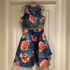 Pre-teen Girls’ Formal Teal and Floral “Jacquard” Floral Dress